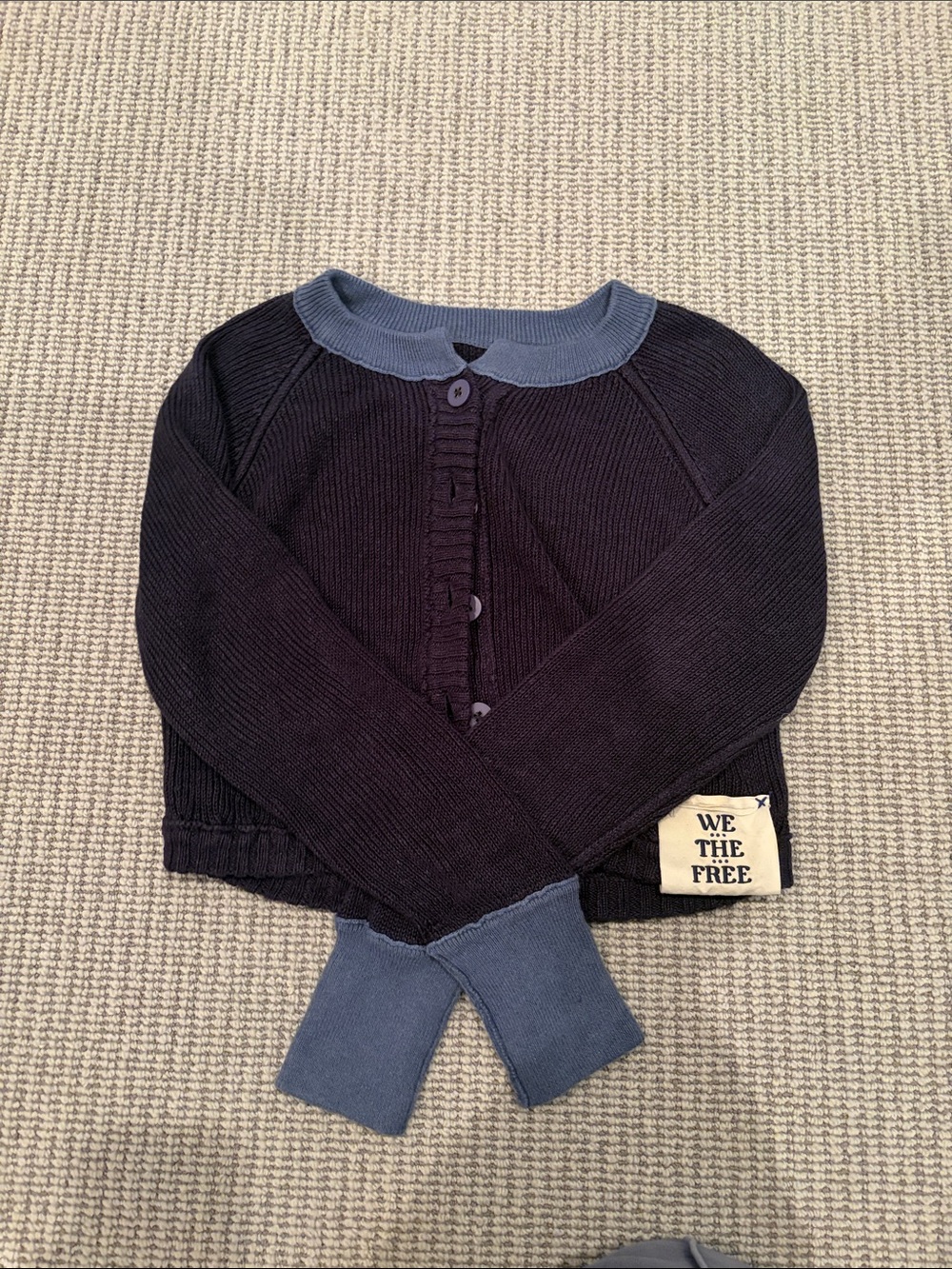 We The Free Navy cropped Cardigan with Slate Blue Trim